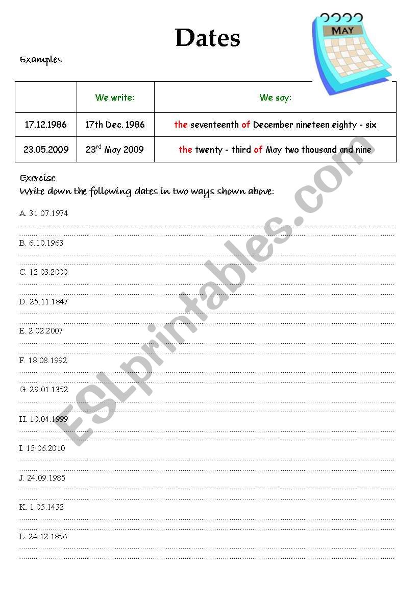 Dates worksheet