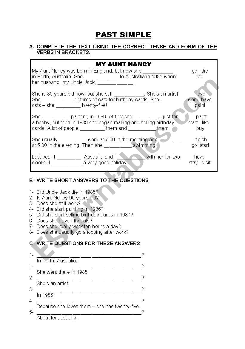 Aunt Nancy worksheet