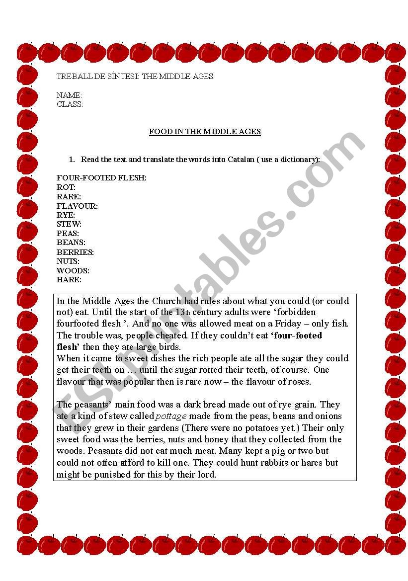 FOOD IN THE MIDDLE AGES worksheet