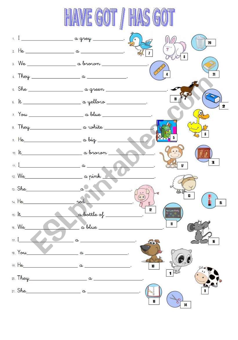 HAVE GOT/ HAS GOT WITH ANIMALS AND SCHOOL OBJECTS