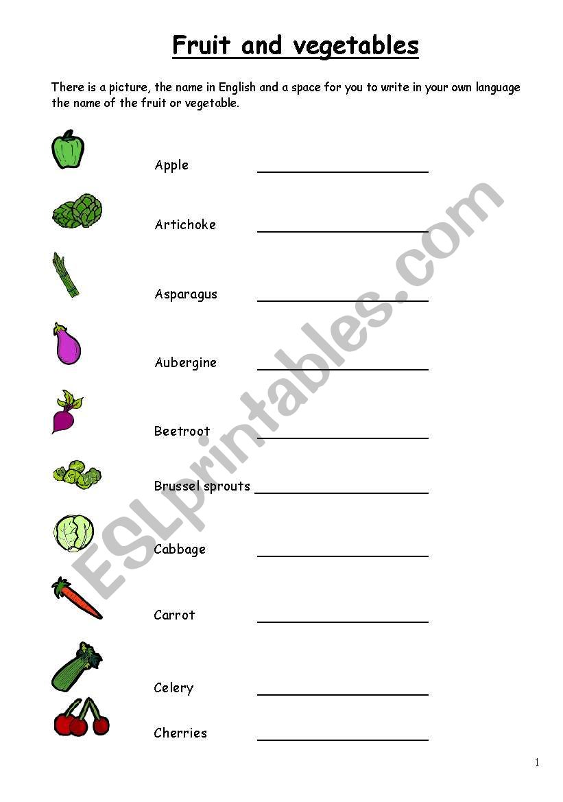 Fruit and Vegetables in English, 3 pages