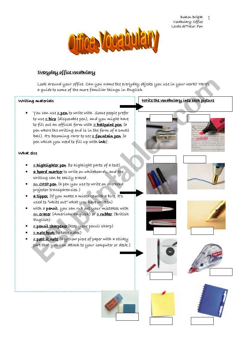 Stationery worksheet