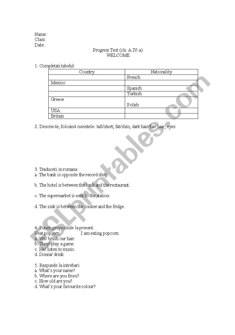 progress test worksheet