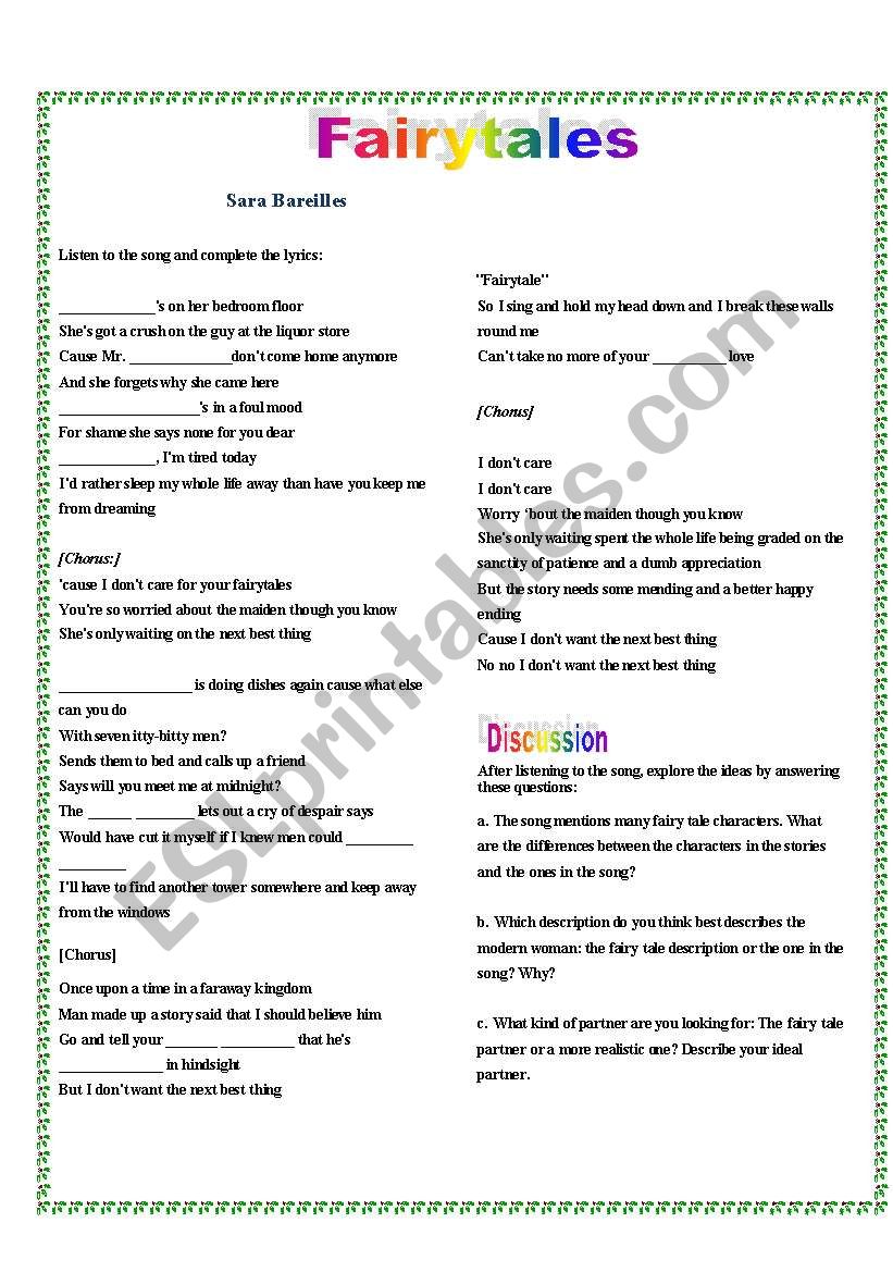 Fairytales - song worksheet