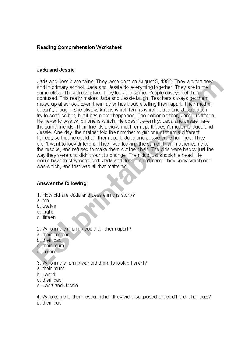 English Worksheets Grade 6 Reading Comprehension