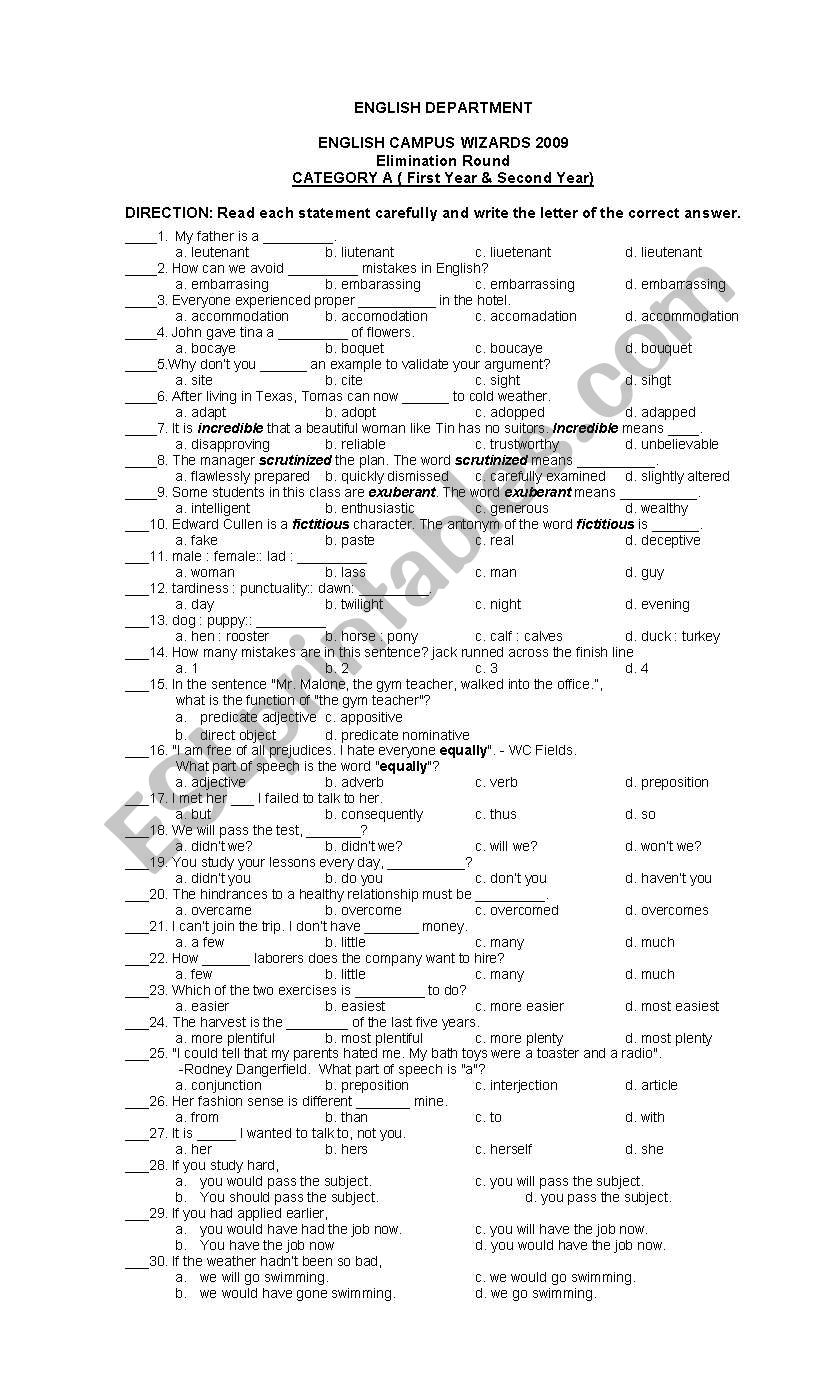 QUIZ BEE QUESTIONS worksheet