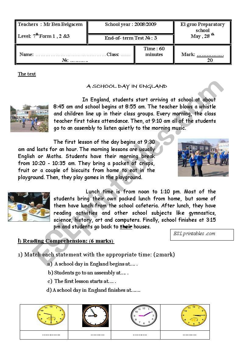 end of term test  worksheet