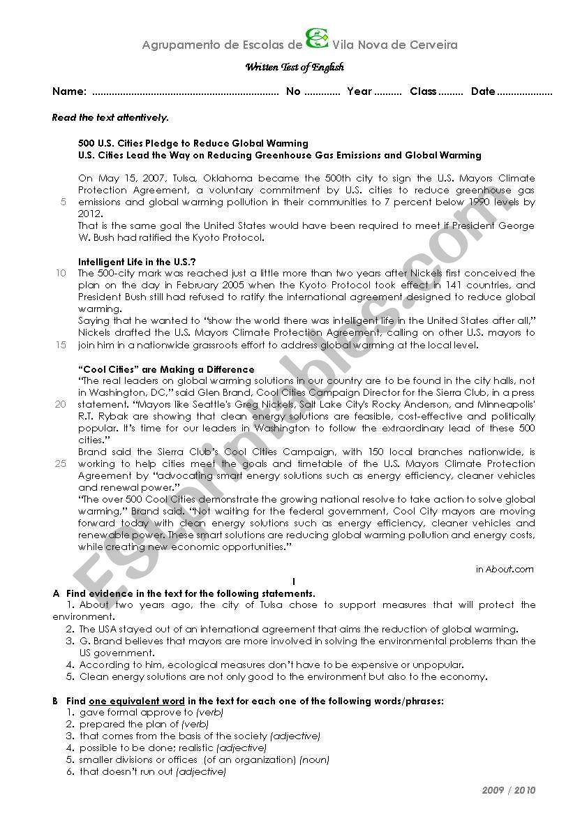 Test 11th Grade (Portugal) Cool cities - Climate Protection Agreement