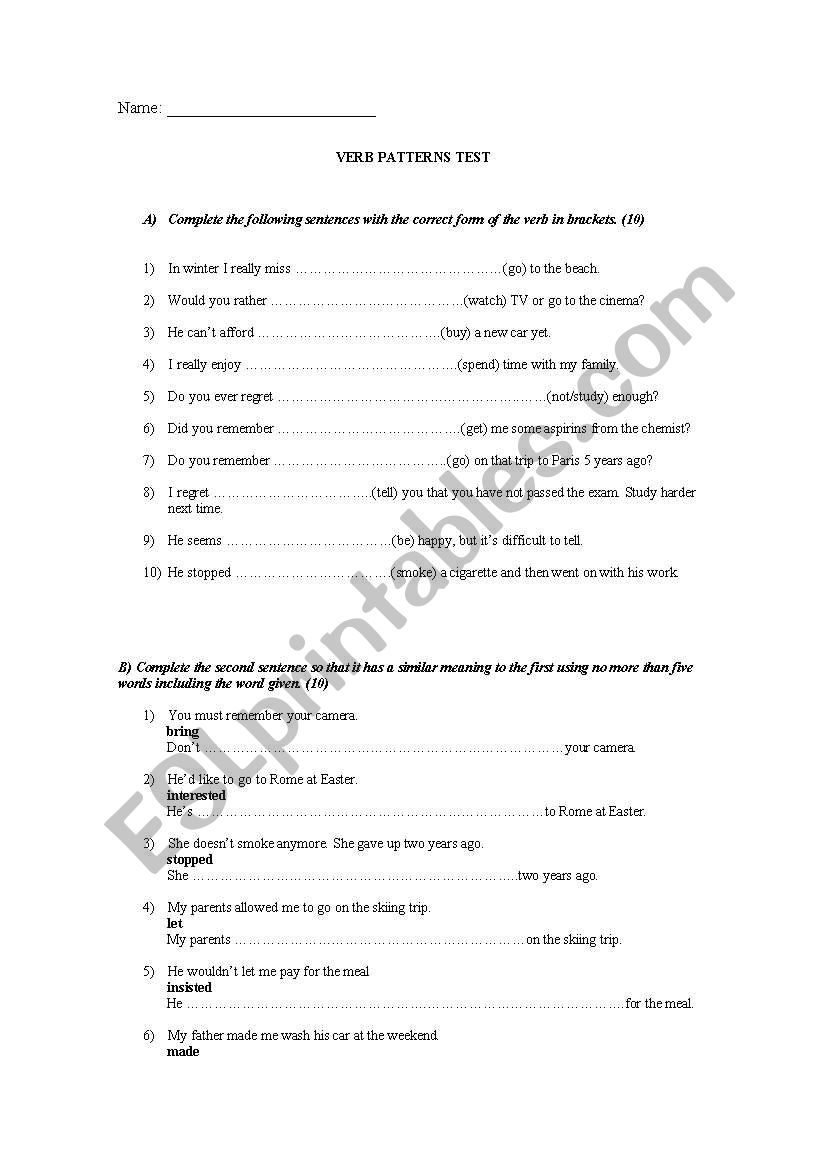 Verb Patterns worksheet