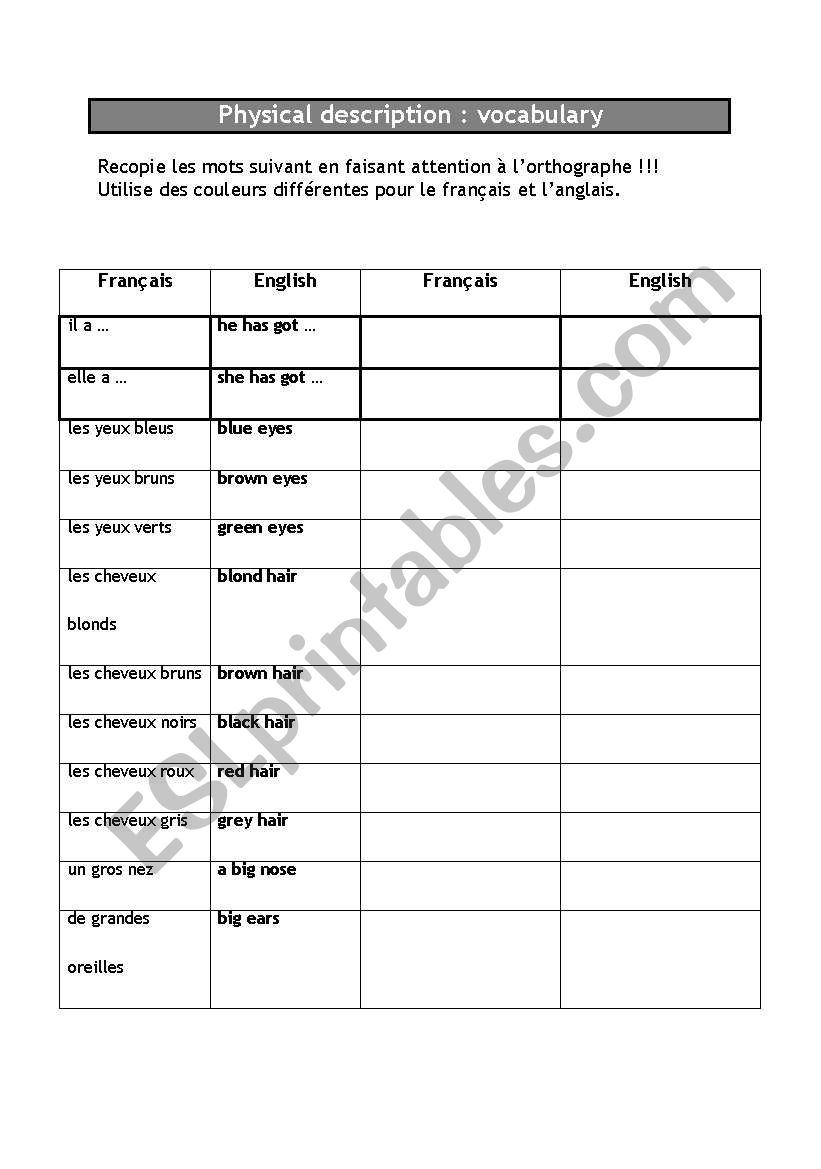 vocabulary sheet about physical descriptions