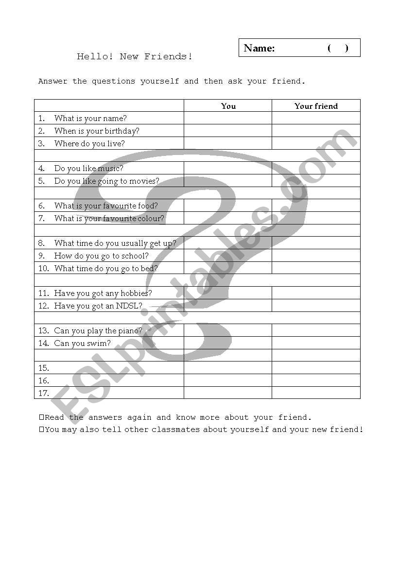 Hello new friend worksheet
