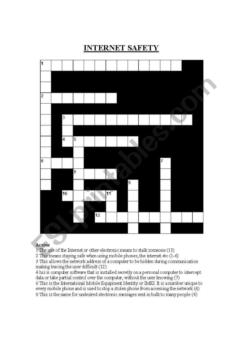 Internet Safety Crossword worksheet