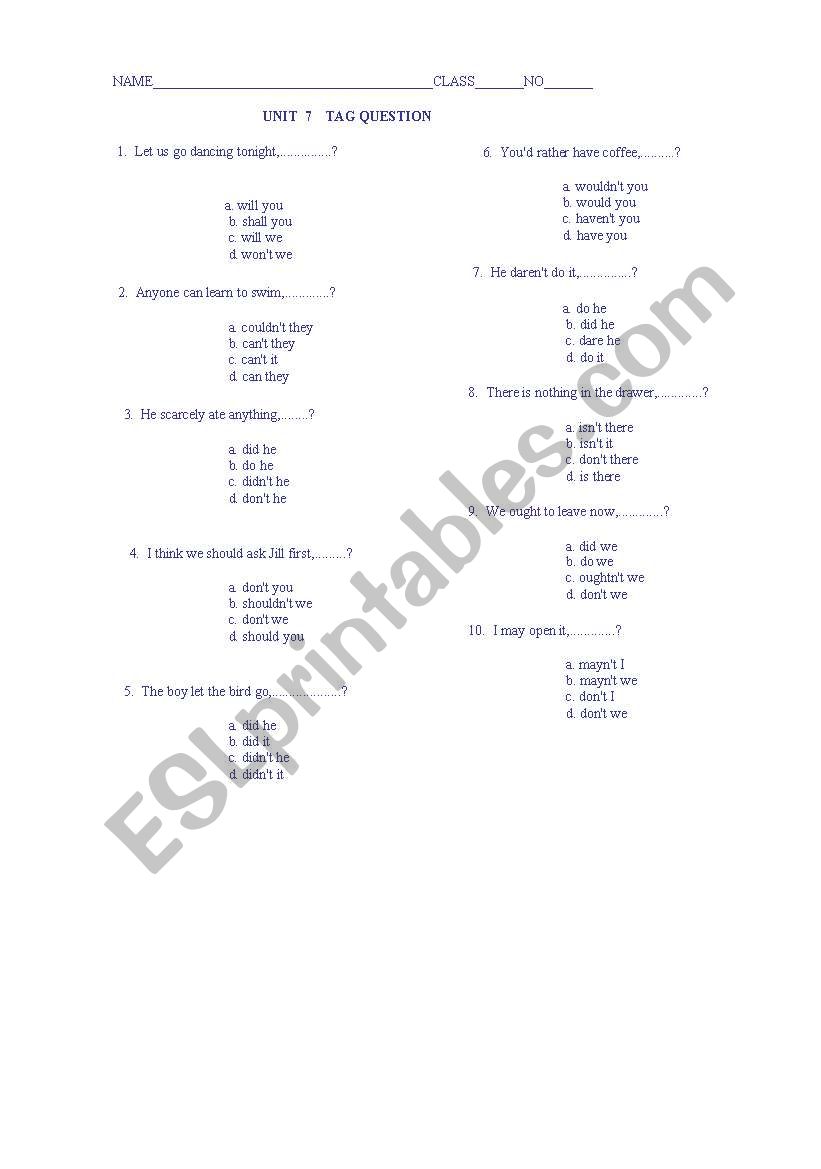 TAG QUESTION worksheet