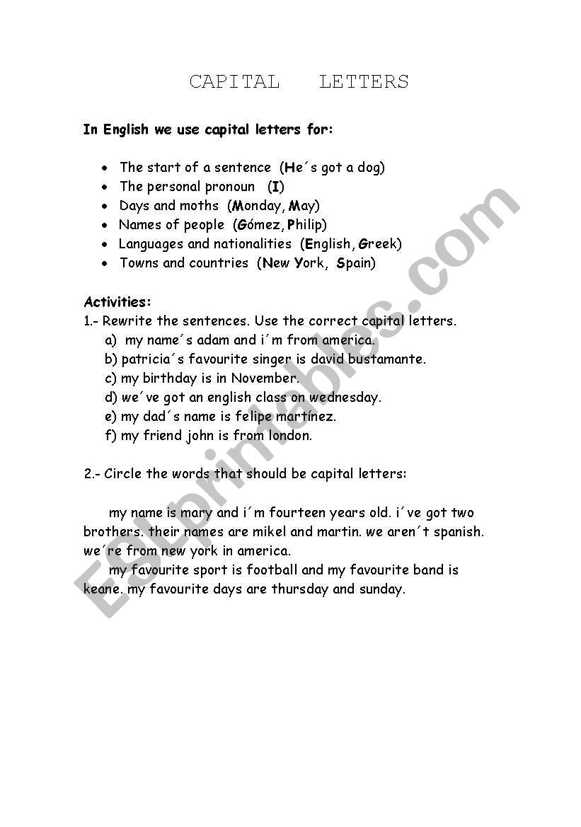 Capital letters worksheet