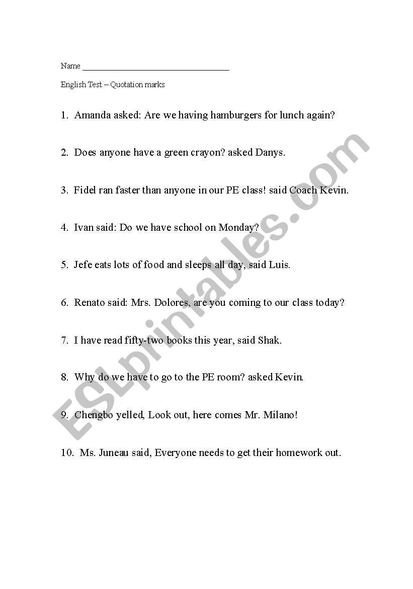 Quotation marks worksheet