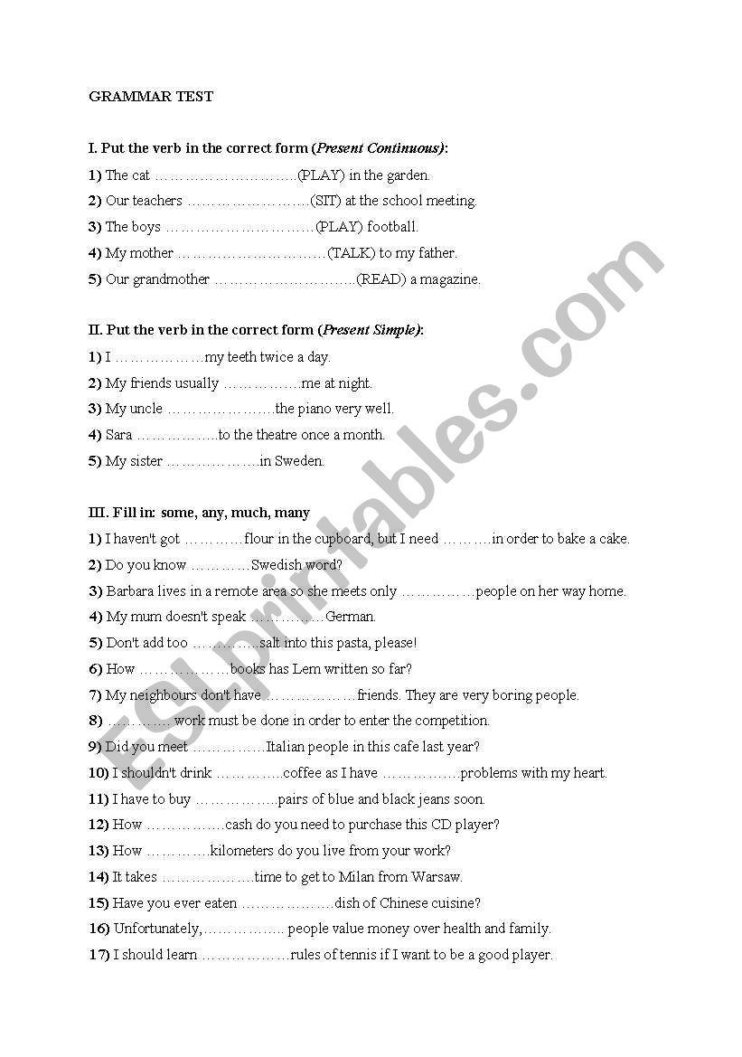 grammar test worksheet