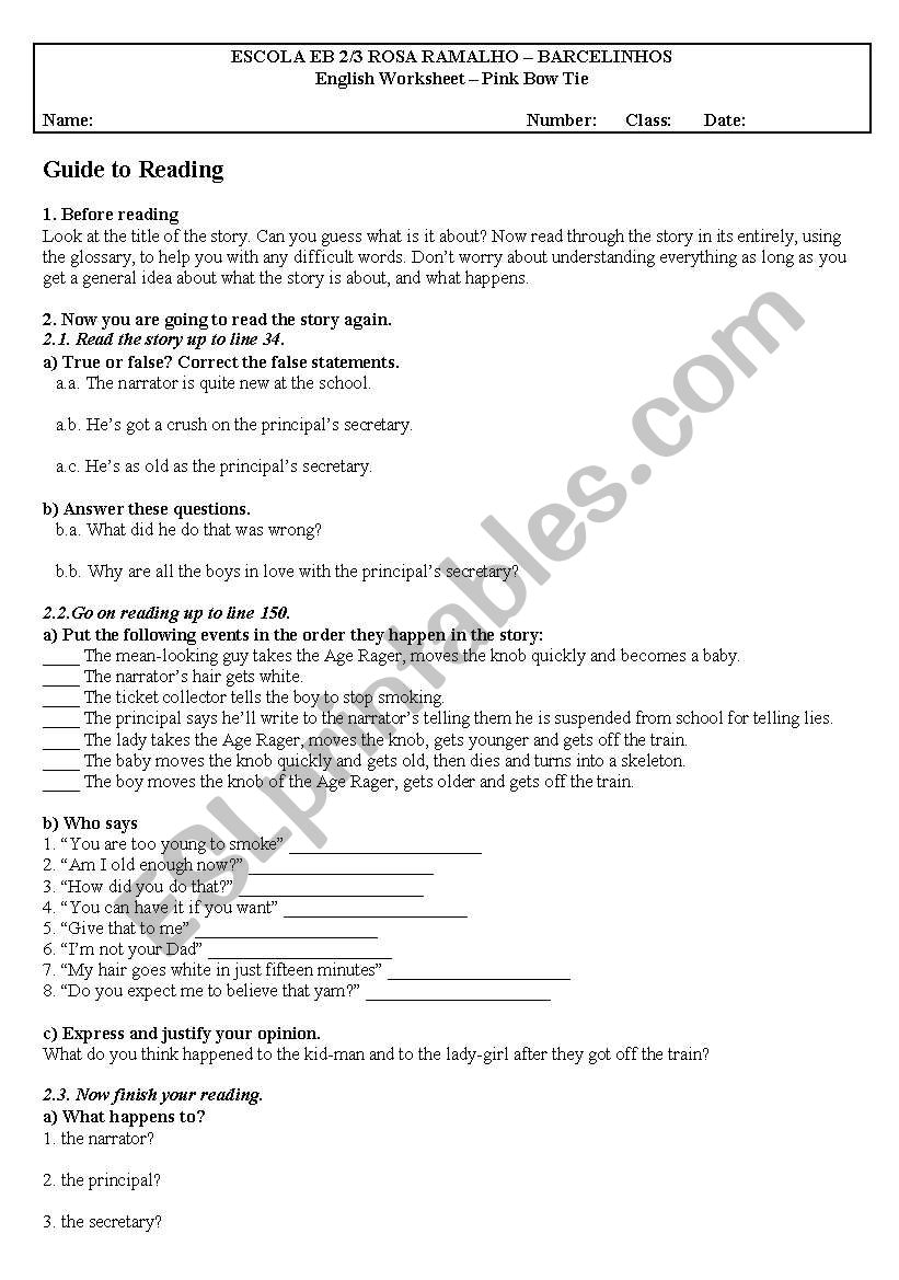 Worksheet on Pink bow tie worksheet