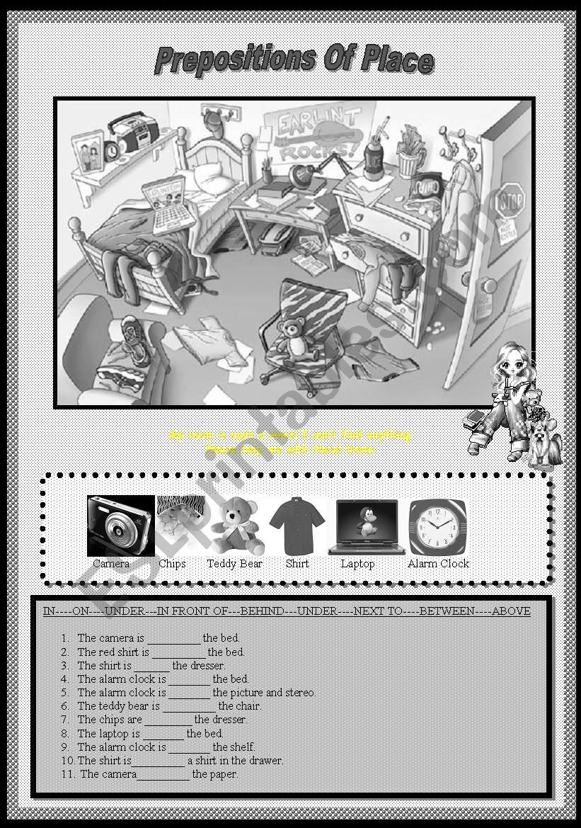 B/W Prepositions of Place 3PAGES + KEY