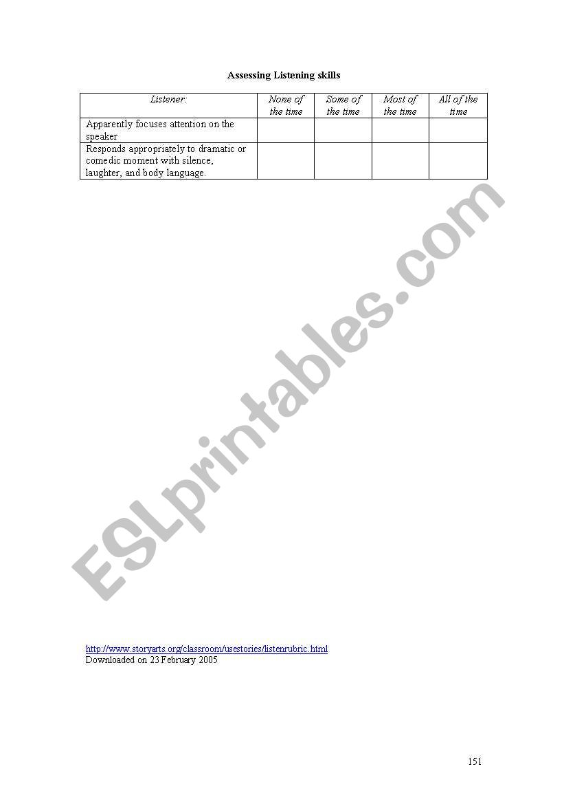 listening rubric worksheet