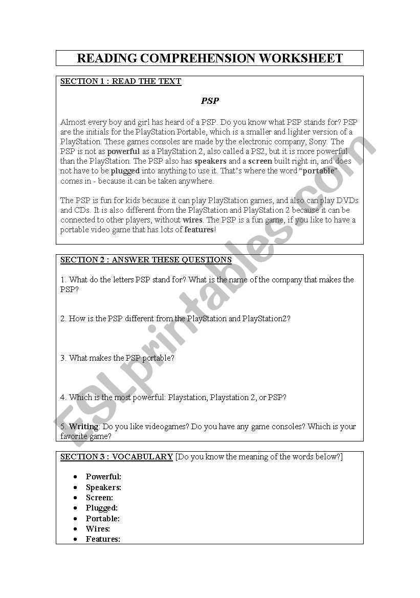 Reading Comprehension Worksheet