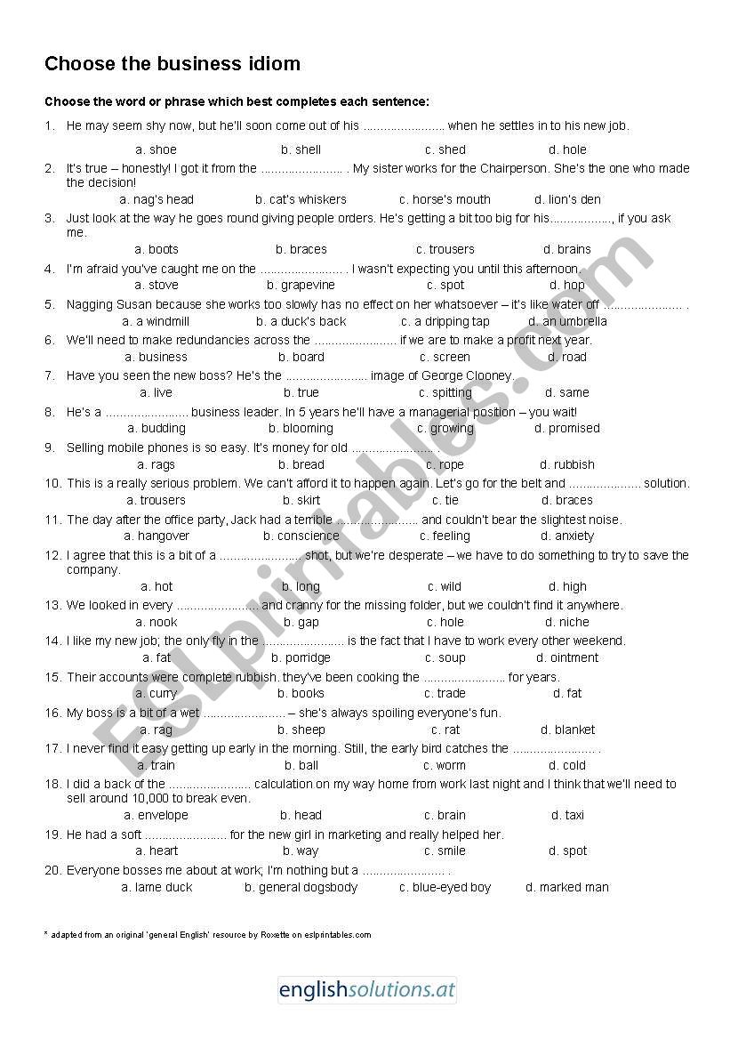 Choose the Business Idiom worksheet