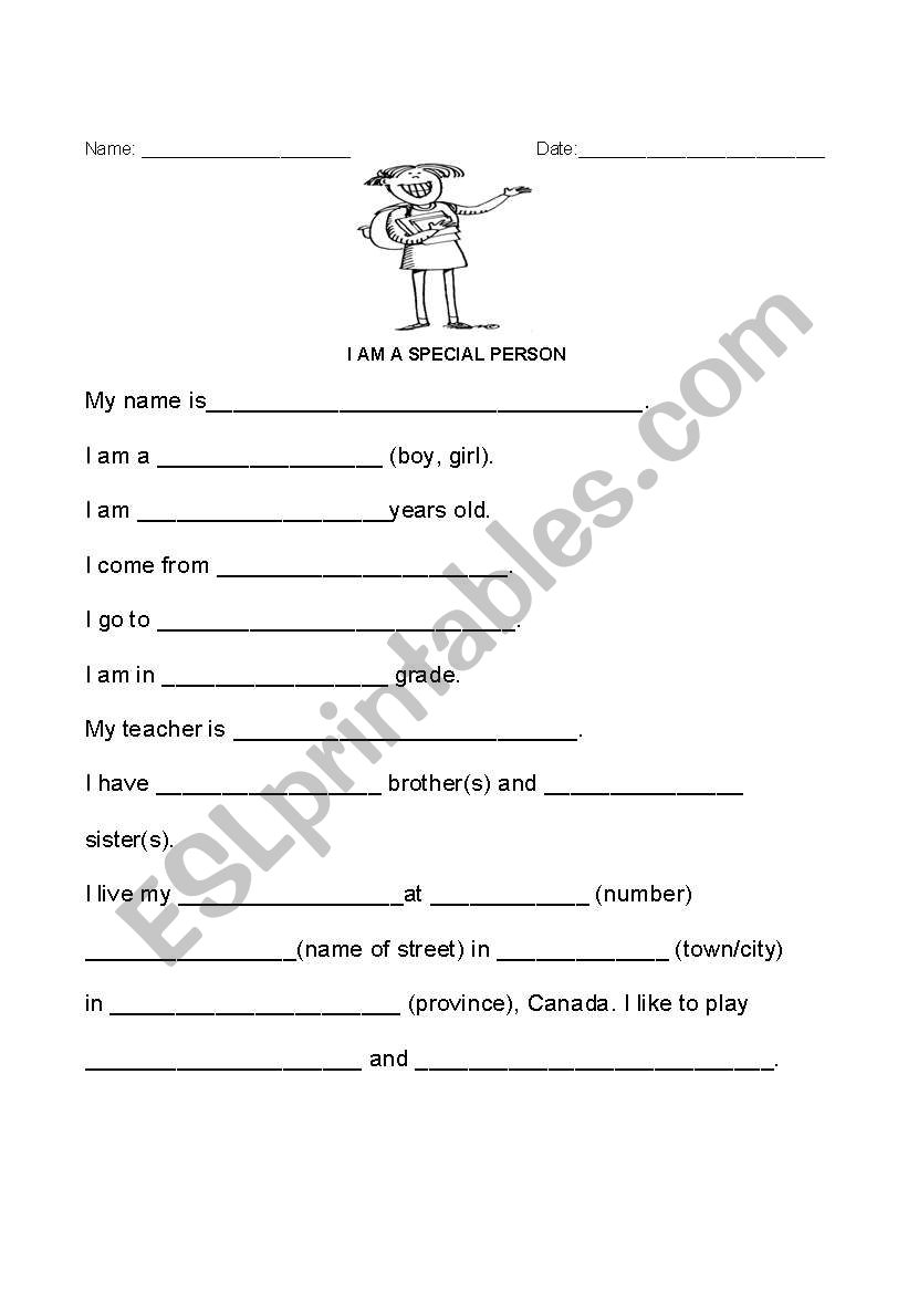 All About Me worksheet