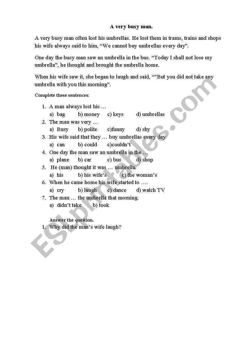 Text  for reading with test worksheet