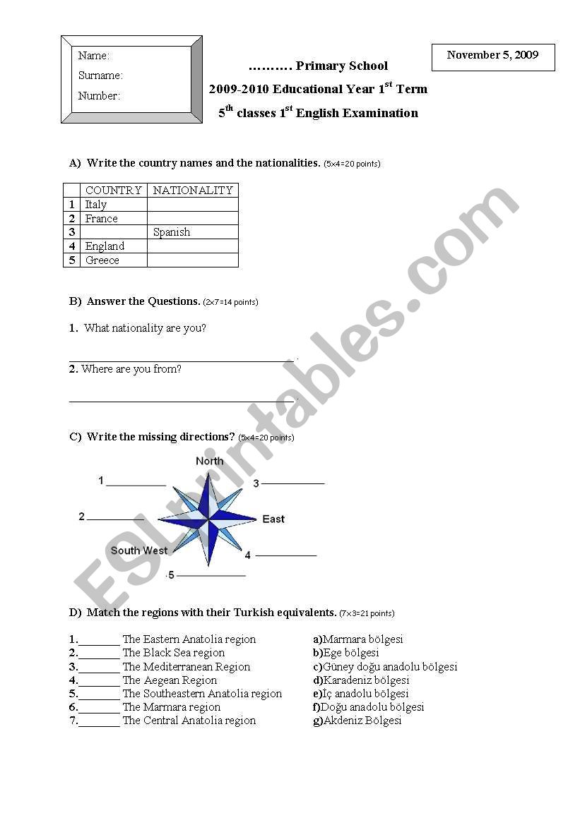 5th grades 1st exam for Turkish students