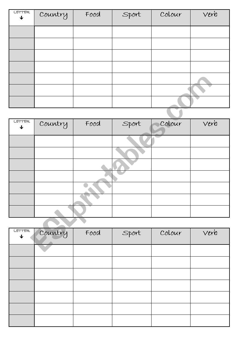 Scattergories (elementary) worksheet