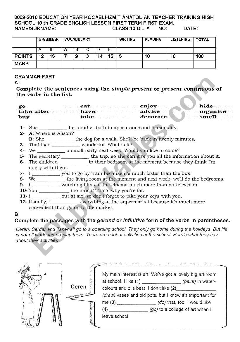 exam worksheet