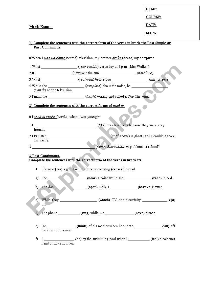 mock exam worksheet