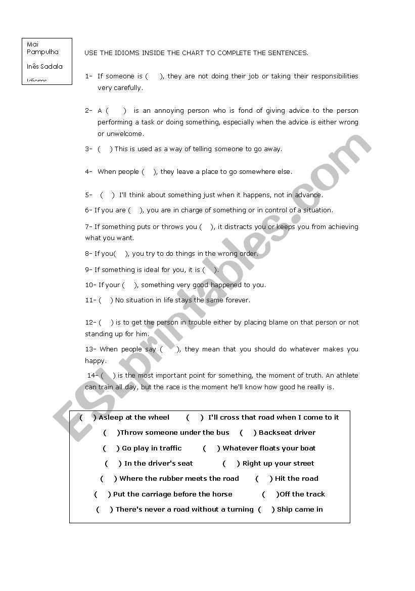 Travel idioms worksheet