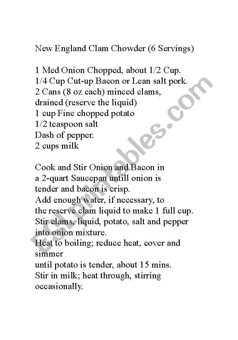 Clam Chowder worksheet