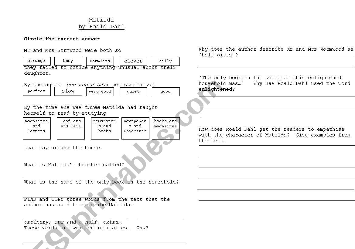 Matilda by Roald Dahl comprehension worksheet