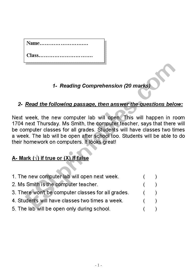 exam worksheet