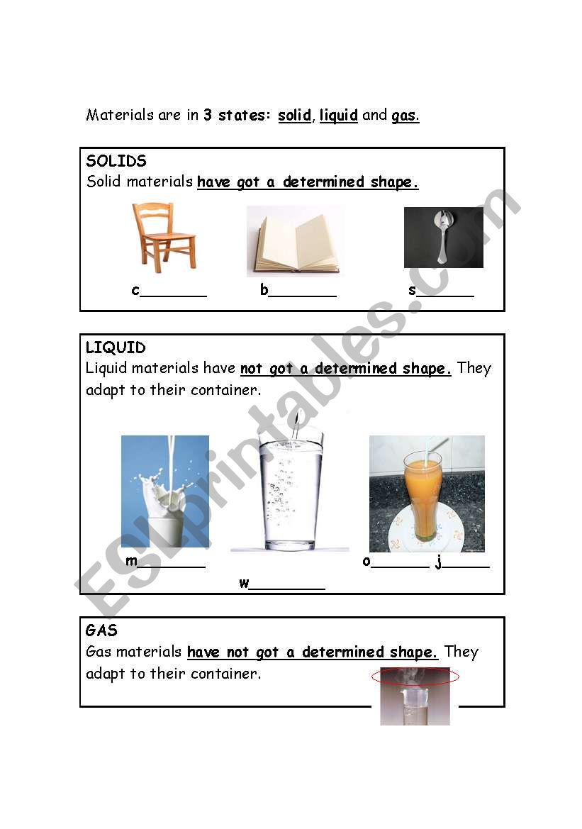 Solid liquid and gas worksheet