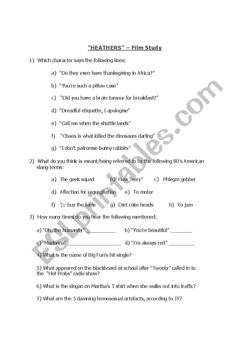 HEATHERS film worksheet worksheet