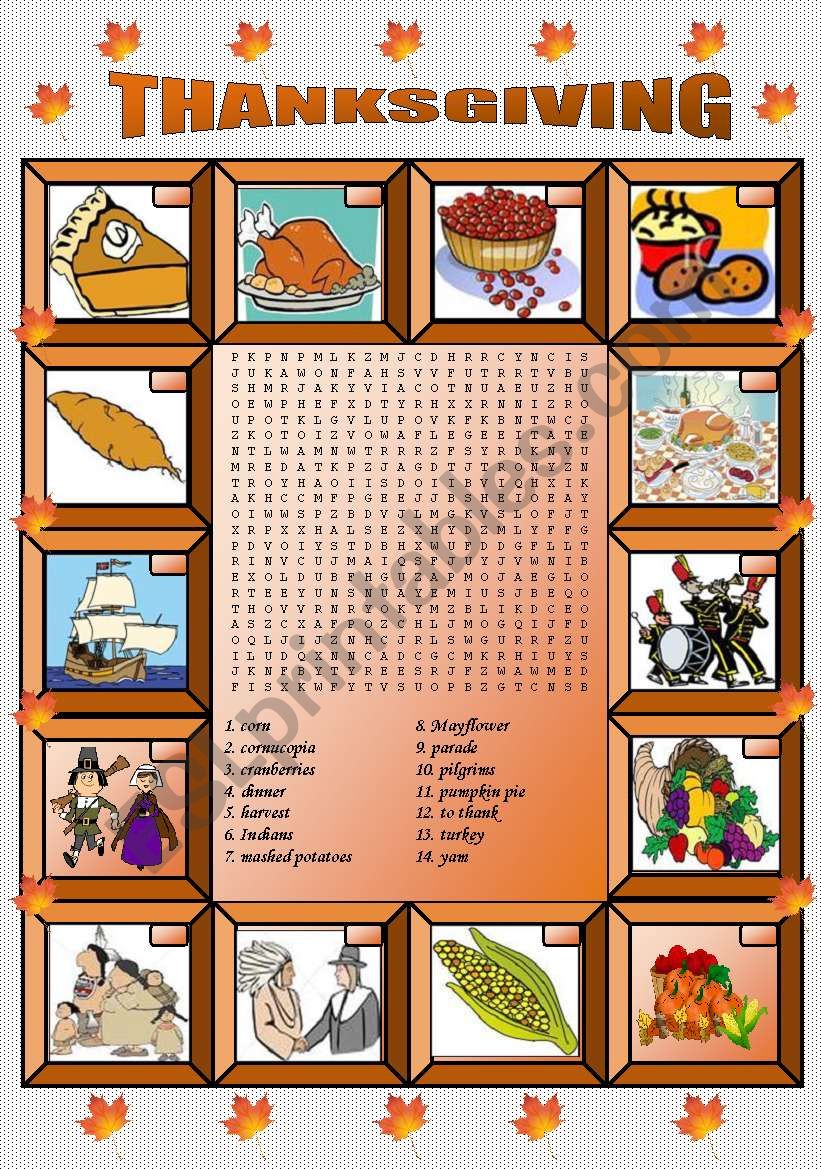 Thanksgiving vocabulary and wordsearch