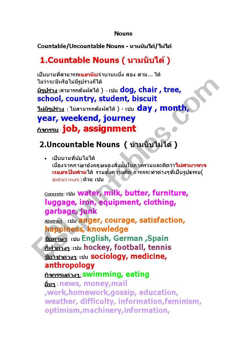 count noun and non-count noun worksheet