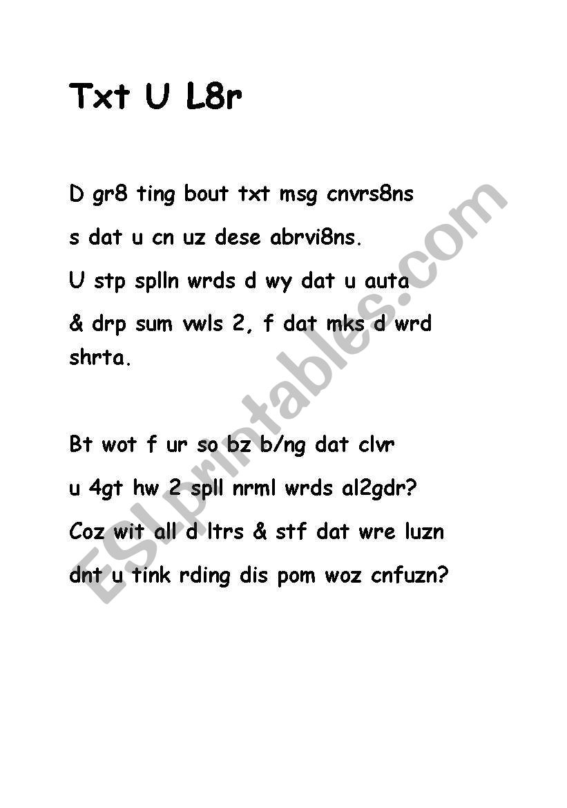 Txt U L8r Poem worksheet