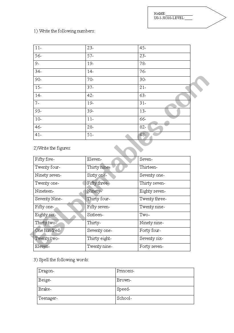 Numbers&spelling worksheet