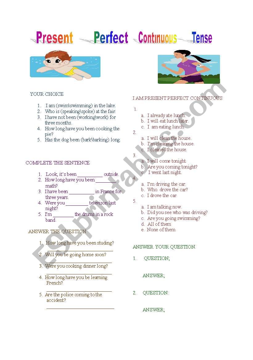 Present Perfect Continuous Tense Worksheet