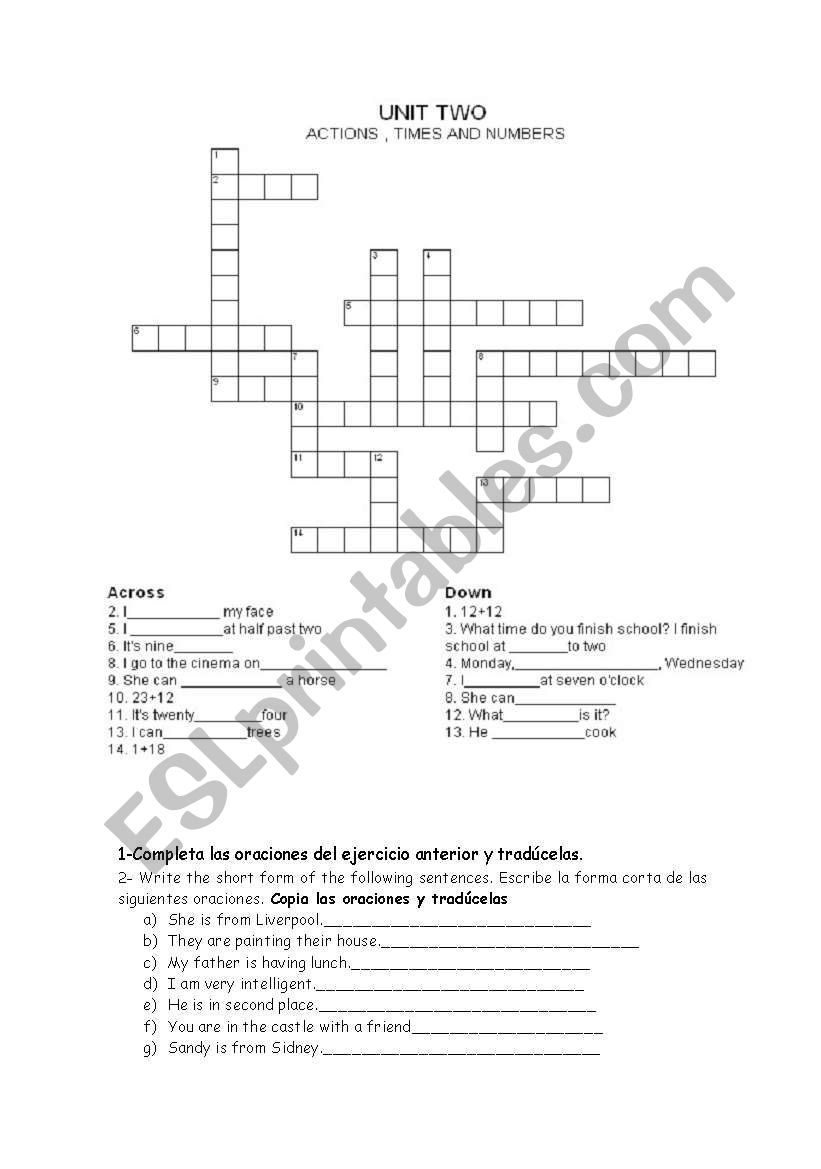 ACTIONS, TIMES AND NUMBERS CROSSWORD