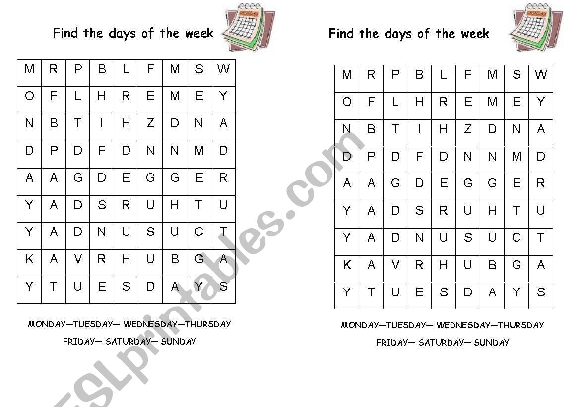 days of the week (criss-cross)