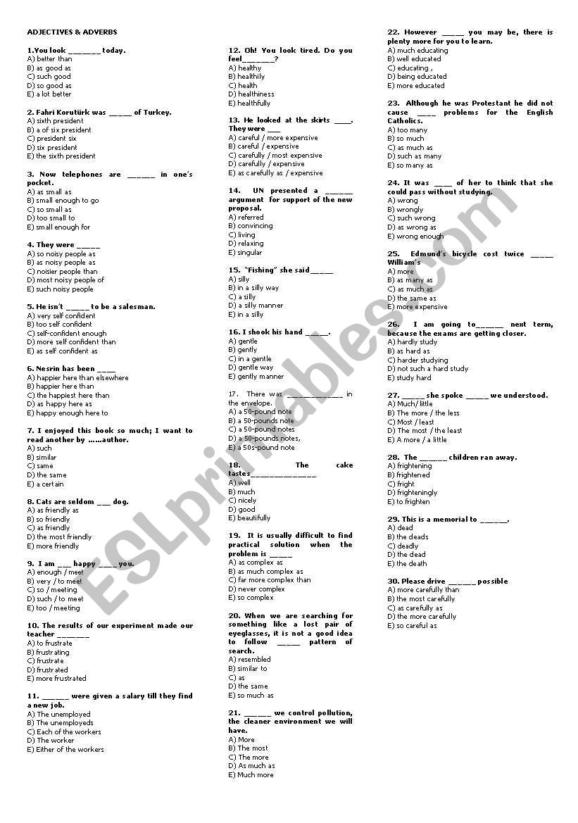 Adjective and Adverbs worksheet