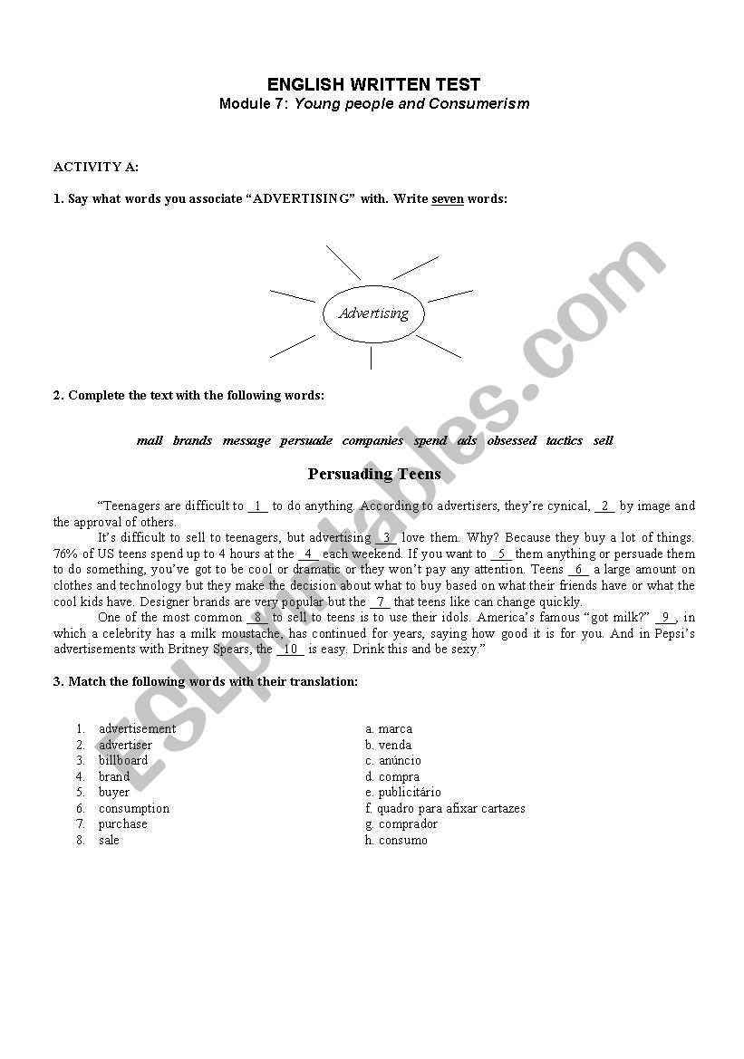 test on advertising worksheet