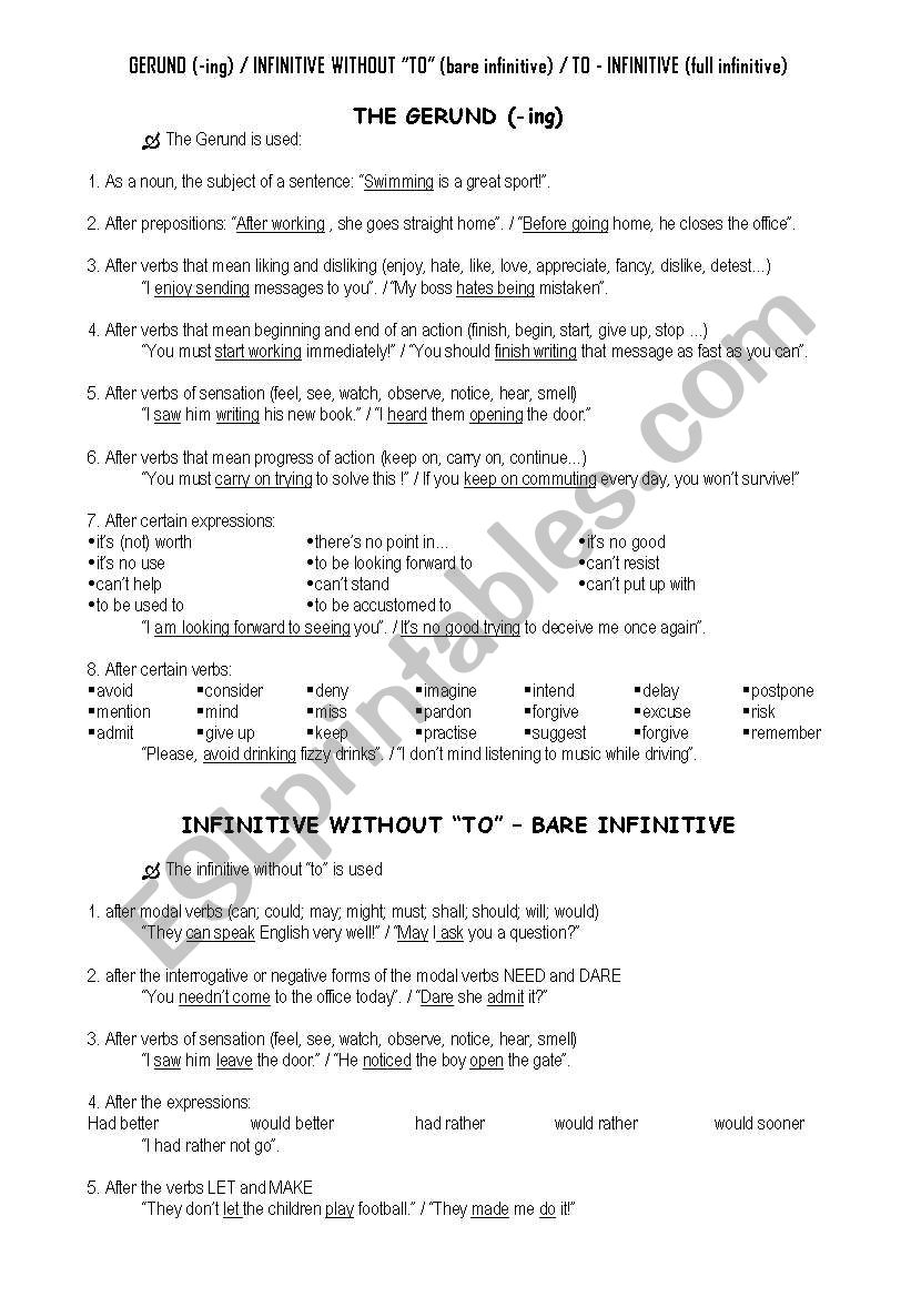 gerund and infinitive worksheet