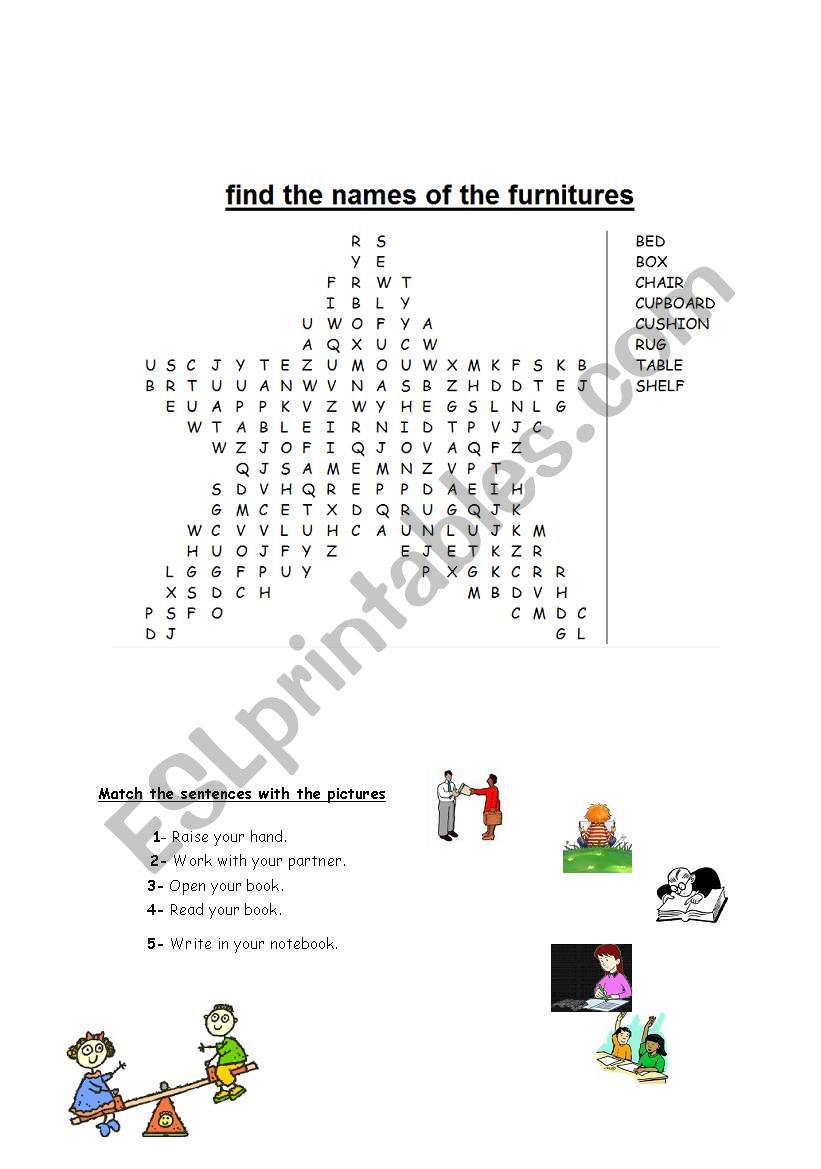 wordsearch of furnitures worksheet
