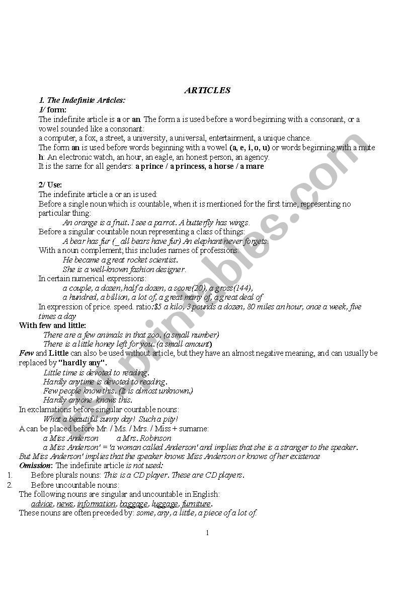 Articles worksheet