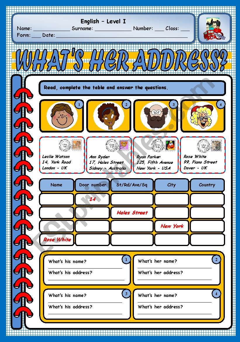 His Addresses WHAT´S HIS/HER ADDRESS? - ESL worksheet by xani